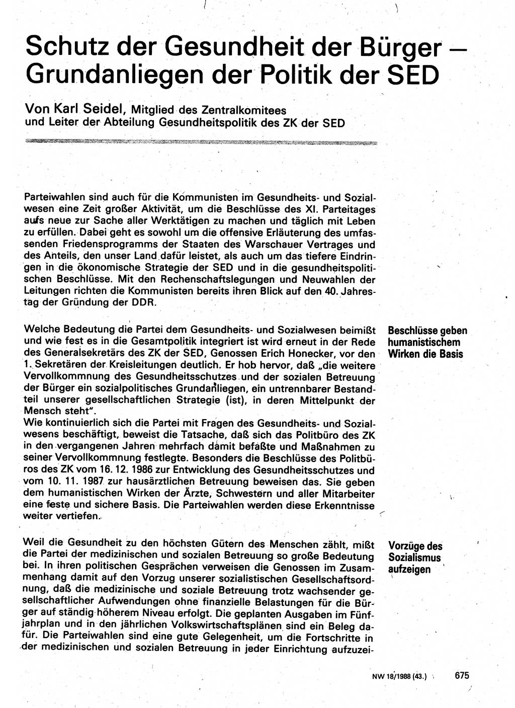Neuer Weg (NW), Organ des Zentralkomitees (ZK) der SED (Sozialistische Einheitspartei Deutschlands) für Fragen des Parteilebens, 43. Jahrgang [Deutsche Demokratische Republik (DDR)] 1988, Seite 675 (NW ZK SED DDR 1988, S. 675)