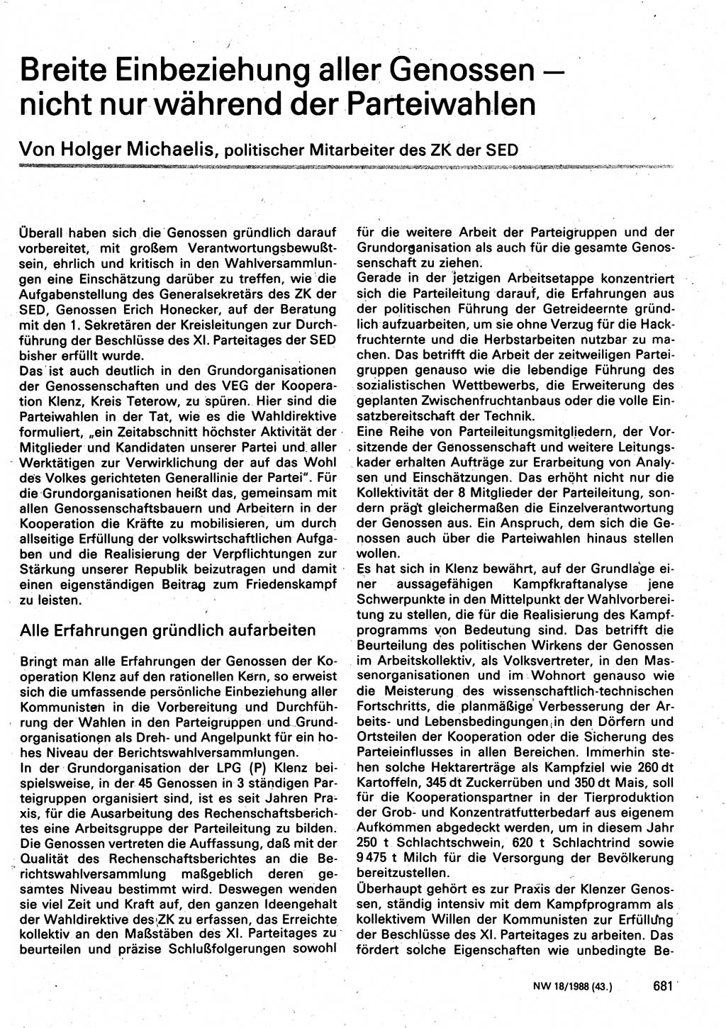 Neuer Weg (NW), Organ des Zentralkomitees (ZK) der SED (Sozialistische Einheitspartei Deutschlands) für Fragen des Parteilebens, 43. Jahrgang [Deutsche Demokratische Republik (DDR)] 1988, Seite 681 (NW ZK SED DDR 1988, S. 681)