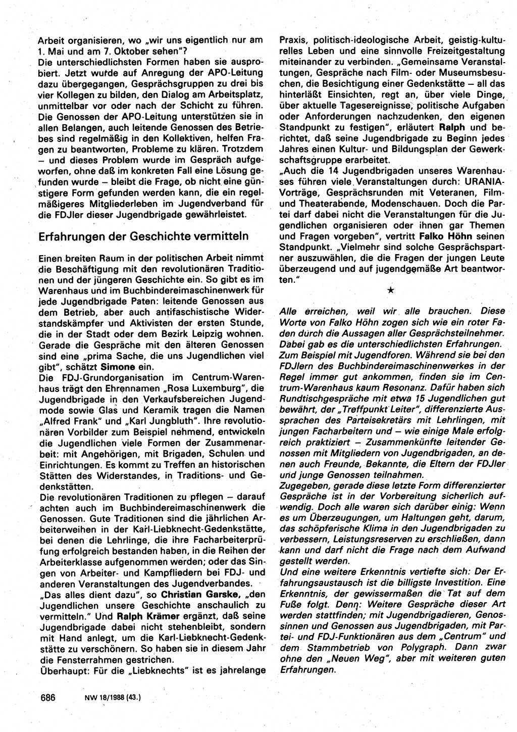 Neuer Weg (NW), Organ des Zentralkomitees (ZK) der SED (Sozialistische Einheitspartei Deutschlands) für Fragen des Parteilebens, 43. Jahrgang [Deutsche Demokratische Republik (DDR)] 1988, Seite 686 (NW ZK SED DDR 1988, S. 686)