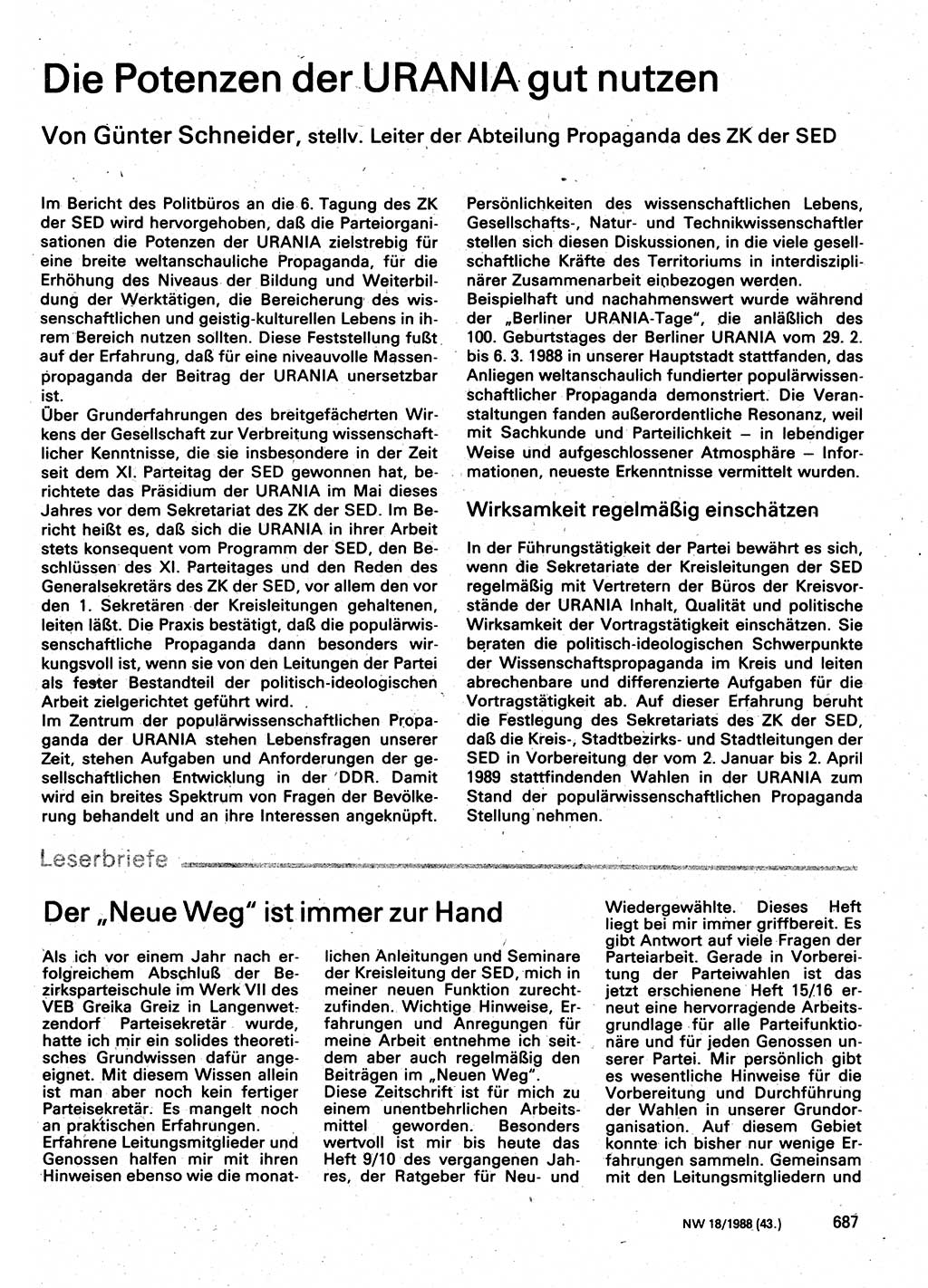 Neuer Weg (NW), Organ des Zentralkomitees (ZK) der SED (Sozialistische Einheitspartei Deutschlands) für Fragen des Parteilebens, 43. Jahrgang [Deutsche Demokratische Republik (DDR)] 1988, Seite 687 (NW ZK SED DDR 1988, S. 687)