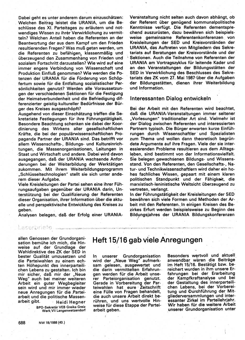 Neuer Weg (NW), Organ des Zentralkomitees (ZK) der SED (Sozialistische Einheitspartei Deutschlands) für Fragen des Parteilebens, 43. Jahrgang [Deutsche Demokratische Republik (DDR)] 1988, Seite 688 (NW ZK SED DDR 1988, S. 688)