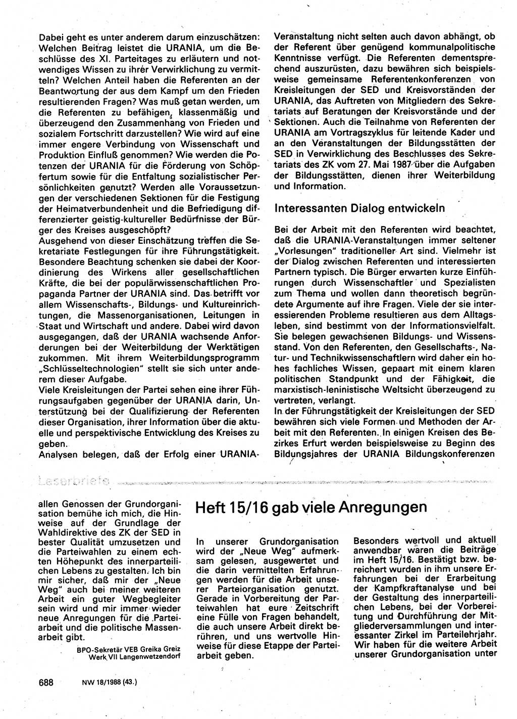 Neuer Weg (NW), Organ des Zentralkomitees (ZK) der SED (Sozialistische Einheitspartei Deutschlands) für Fragen des Parteilebens, 43. Jahrgang [Deutsche Demokratische Republik (DDR)] 1988, Seite 688 (NW ZK SED DDR 1988, S. 688)