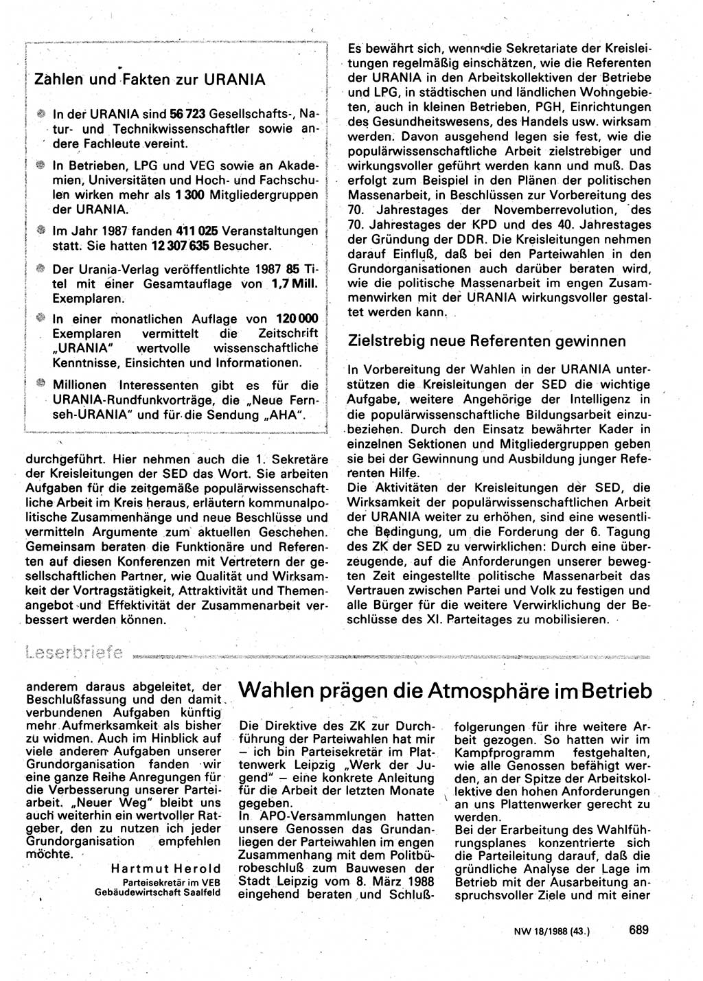 Neuer Weg (NW), Organ des Zentralkomitees (ZK) der SED (Sozialistische Einheitspartei Deutschlands) für Fragen des Parteilebens, 43. Jahrgang [Deutsche Demokratische Republik (DDR)] 1988, Seite 689 (NW ZK SED DDR 1988, S. 689)