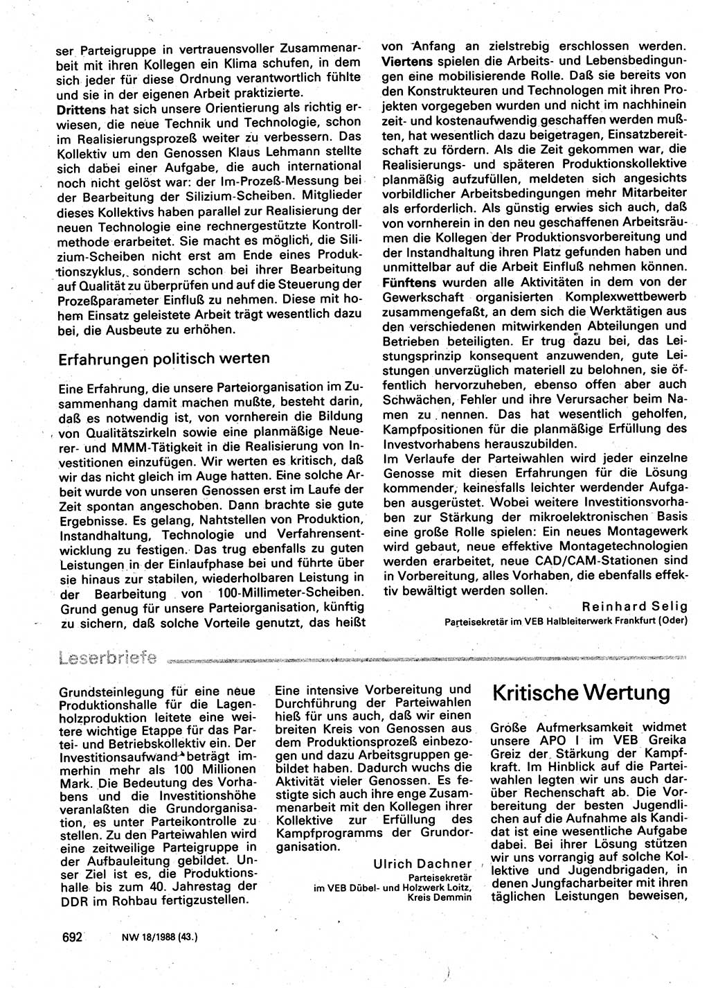 Neuer Weg (NW), Organ des Zentralkomitees (ZK) der SED (Sozialistische Einheitspartei Deutschlands) für Fragen des Parteilebens, 43. Jahrgang [Deutsche Demokratische Republik (DDR)] 1988, Seite 692 (NW ZK SED DDR 1988, S. 692)