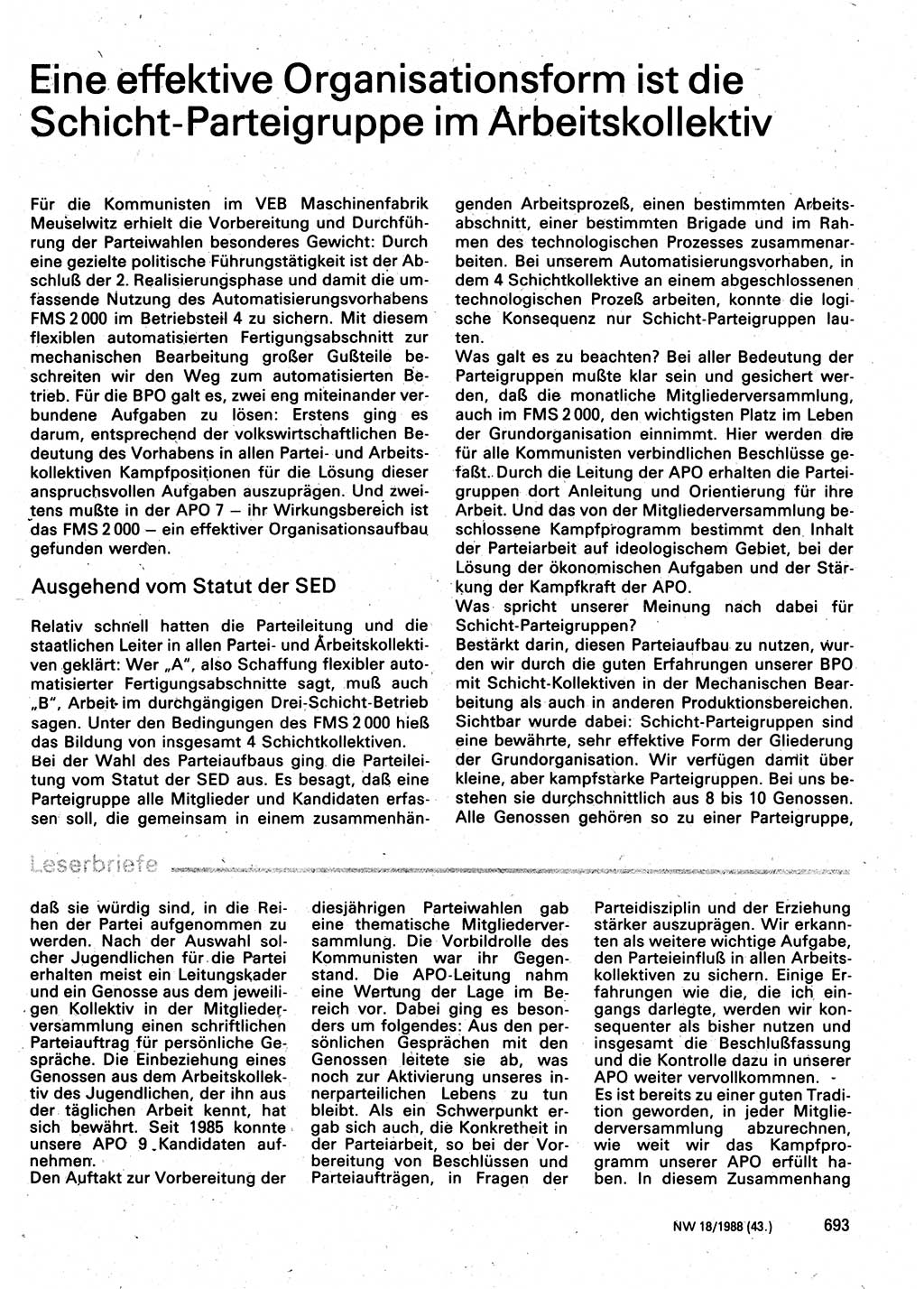 Neuer Weg (NW), Organ des Zentralkomitees (ZK) der SED (Sozialistische Einheitspartei Deutschlands) für Fragen des Parteilebens, 43. Jahrgang [Deutsche Demokratische Republik (DDR)] 1988, Seite 693 (NW ZK SED DDR 1988, S. 693)