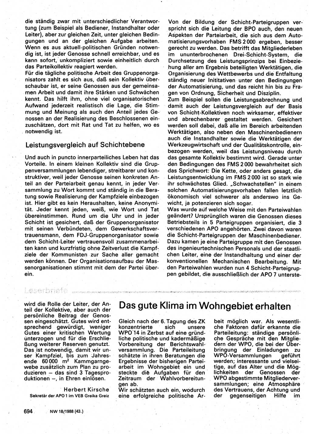 Neuer Weg (NW), Organ des Zentralkomitees (ZK) der SED (Sozialistische Einheitspartei Deutschlands) fÃ¼r Fragen des Parteilebens, 43. Jahrgang [Deutsche Demokratische Republik (DDR)] 1988, Seite 694 (NW ZK SED DDR 1988, S. 694)