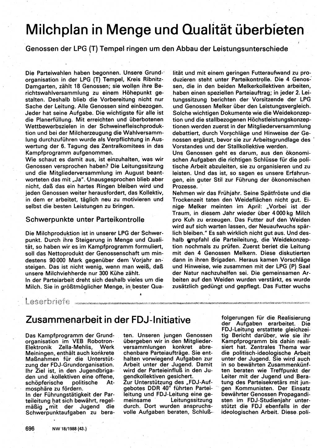 Neuer Weg (NW), Organ des Zentralkomitees (ZK) der SED (Sozialistische Einheitspartei Deutschlands) für Fragen des Parteilebens, 43. Jahrgang [Deutsche Demokratische Republik (DDR)] 1988, Seite 696 (NW ZK SED DDR 1988, S. 696)