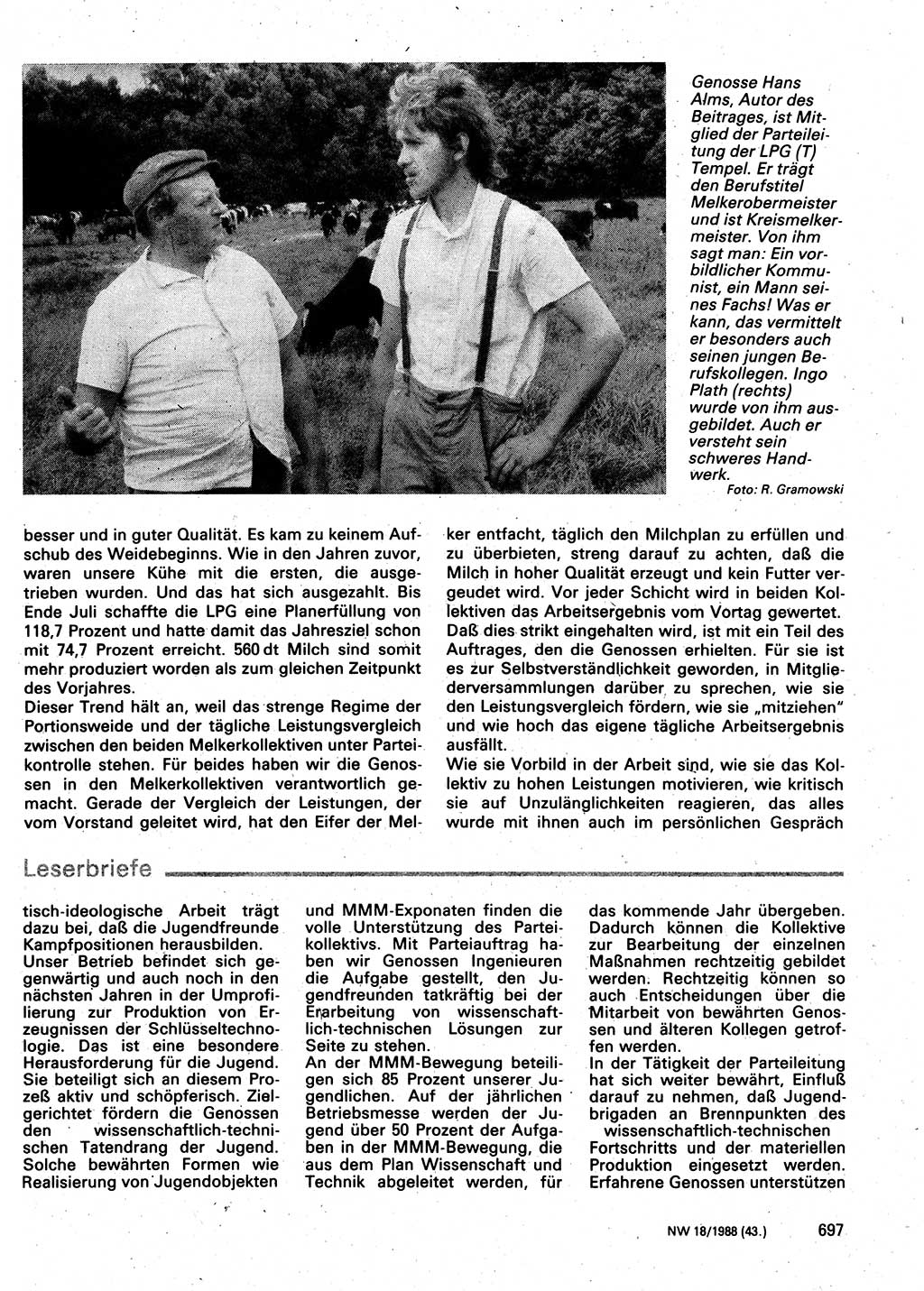 Neuer Weg (NW), Organ des Zentralkomitees (ZK) der SED (Sozialistische Einheitspartei Deutschlands) für Fragen des Parteilebens, 43. Jahrgang [Deutsche Demokratische Republik (DDR)] 1988, Seite 697 (NW ZK SED DDR 1988, S. 697)