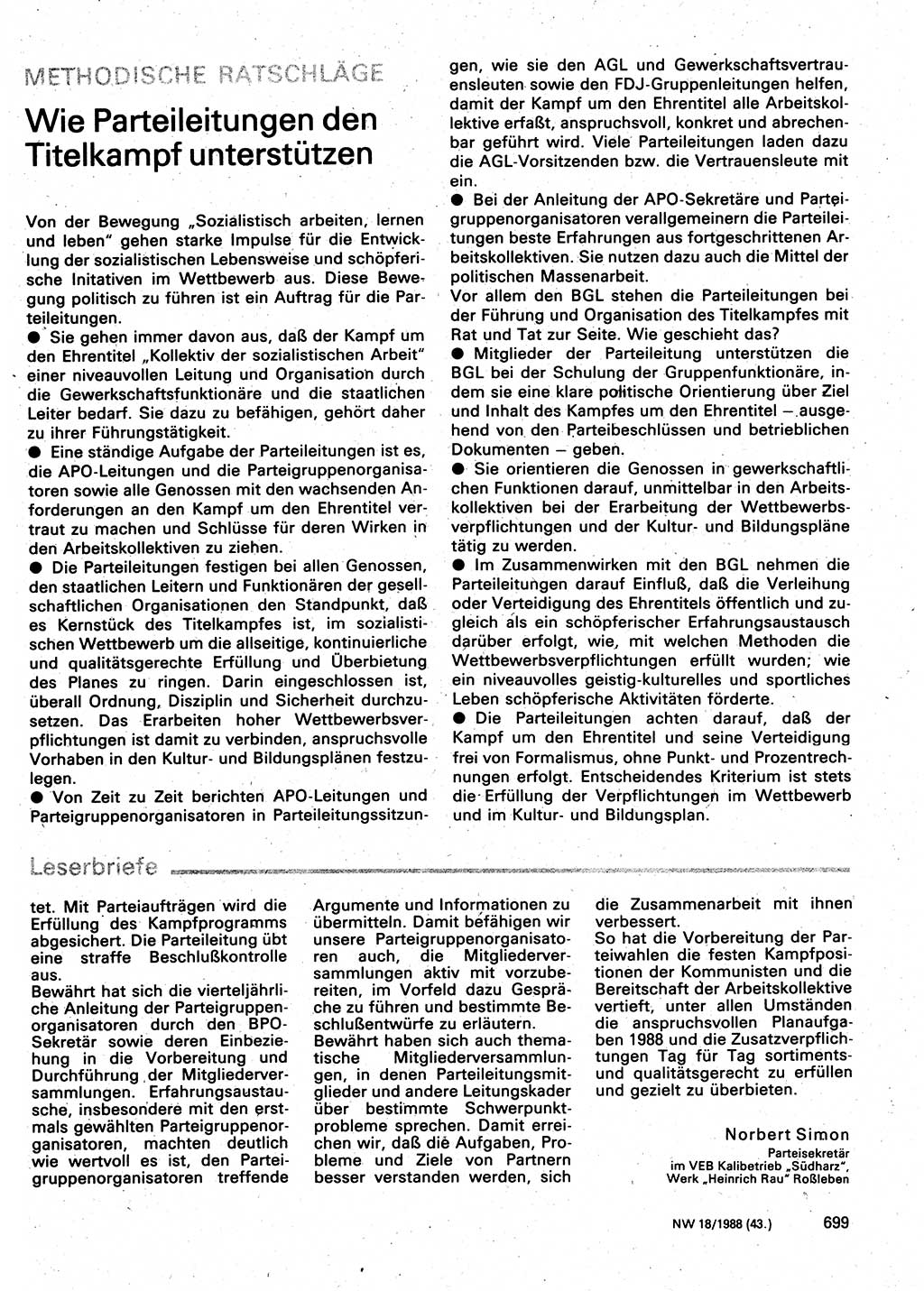 Neuer Weg (NW), Organ des Zentralkomitees (ZK) der SED (Sozialistische Einheitspartei Deutschlands) für Fragen des Parteilebens, 43. Jahrgang [Deutsche Demokratische Republik (DDR)] 1988, Seite 699 (NW ZK SED DDR 1988, S. 699)