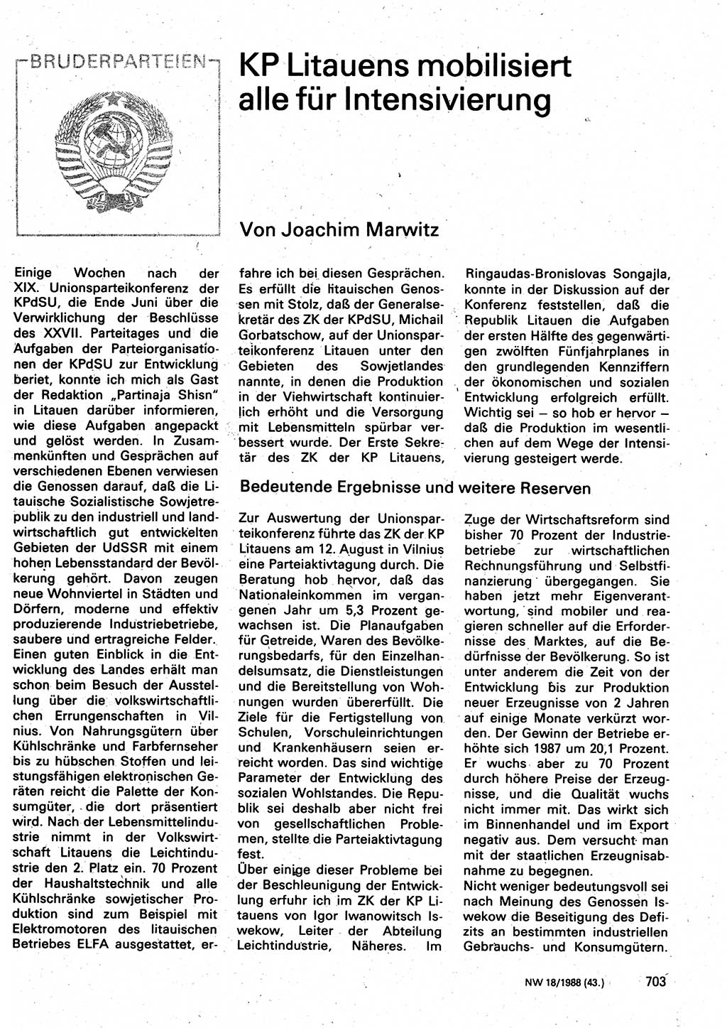 Neuer Weg (NW), Organ des Zentralkomitees (ZK) der SED (Sozialistische Einheitspartei Deutschlands) für Fragen des Parteilebens, 43. Jahrgang [Deutsche Demokratische Republik (DDR)] 1988, Seite 703 (NW ZK SED DDR 1988, S. 703)