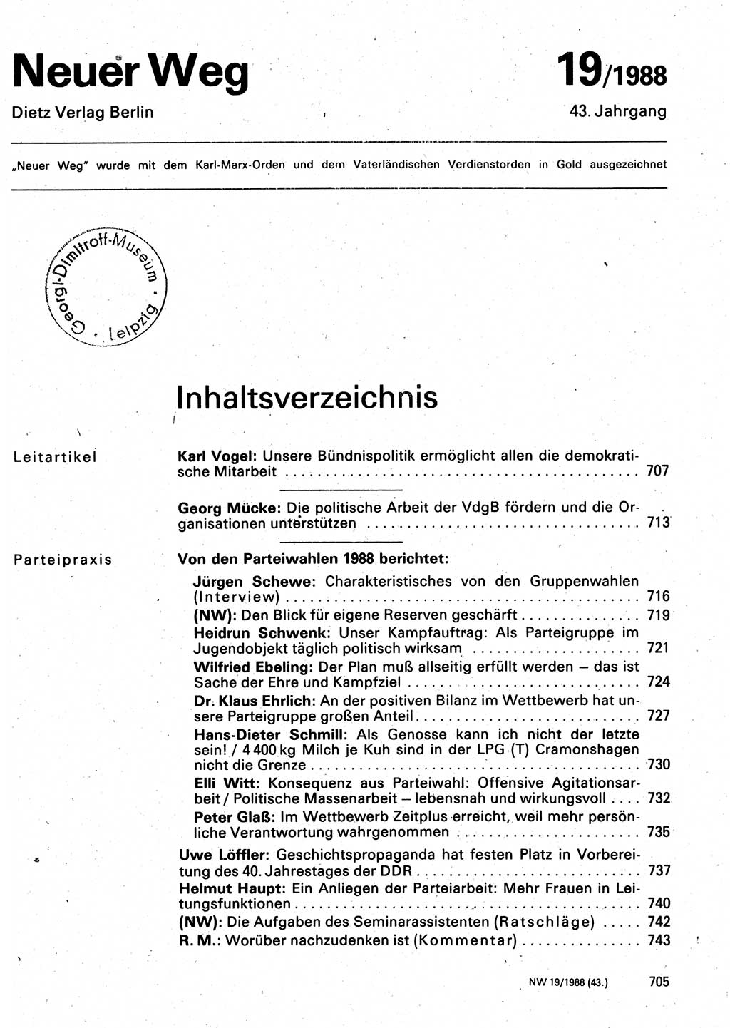 Neuer Weg (NW), Organ des Zentralkomitees (ZK) der SED (Sozialistische Einheitspartei Deutschlands) für Fragen des Parteilebens, 43. Jahrgang [Deutsche Demokratische Republik (DDR)] 1988, Seite 705 (NW ZK SED DDR 1988, S. 705)