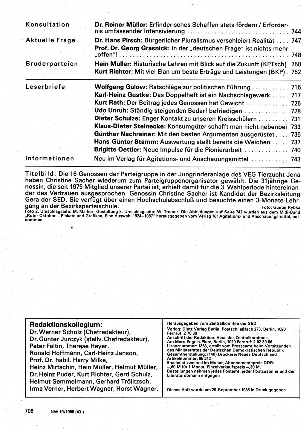 Neuer Weg (NW), Organ des Zentralkomitees (ZK) der SED (Sozialistische Einheitspartei Deutschlands) für Fragen des Parteilebens, 43. Jahrgang [Deutsche Demokratische Republik (DDR)] 1988, Seite 706 (NW ZK SED DDR 1988, S. 706)