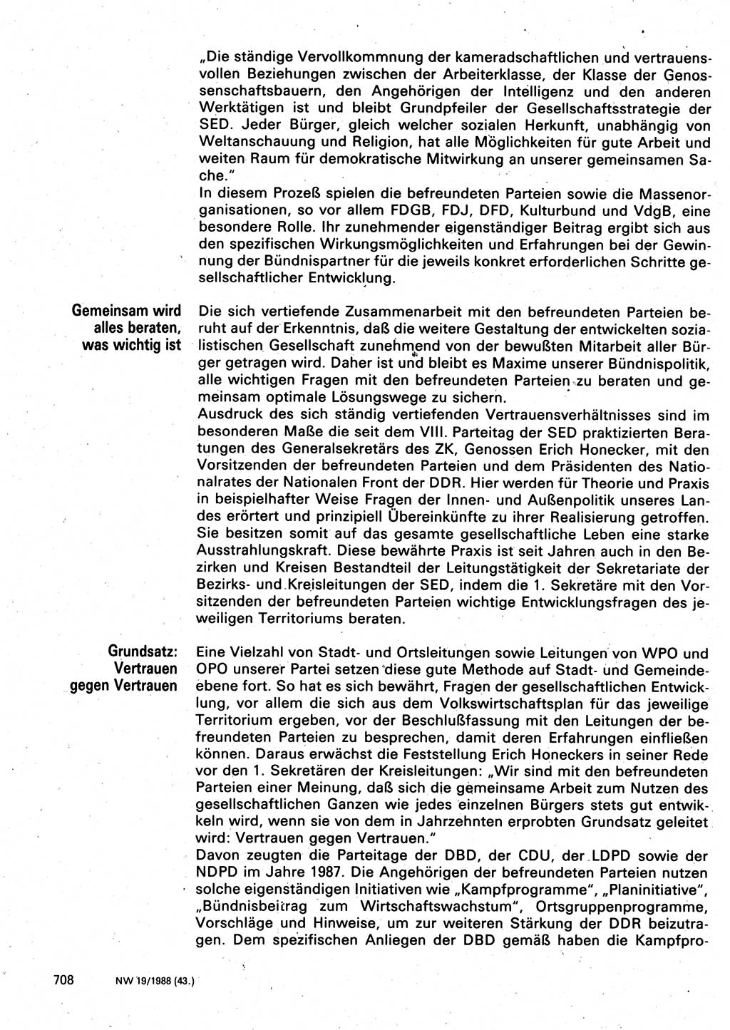 Neuer Weg (NW), Organ des Zentralkomitees (ZK) der SED (Sozialistische Einheitspartei Deutschlands) für Fragen des Parteilebens, 43. Jahrgang [Deutsche Demokratische Republik (DDR)] 1988, Seite 708 (NW ZK SED DDR 1988, S. 708)