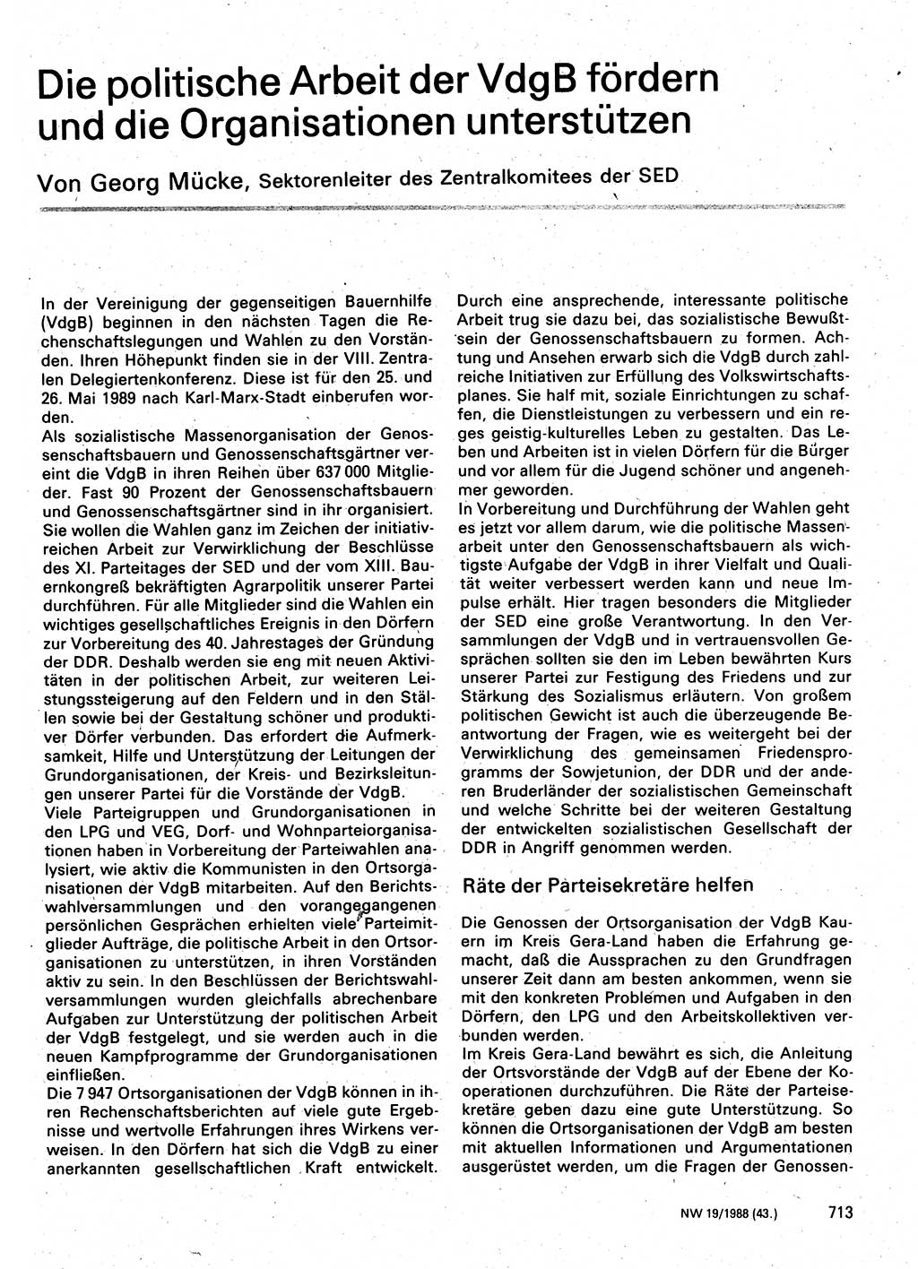 Neuer Weg (NW), Organ des Zentralkomitees (ZK) der SED (Sozialistische Einheitspartei Deutschlands) für Fragen des Parteilebens, 43. Jahrgang [Deutsche Demokratische Republik (DDR)] 1988, Seite 713 (NW ZK SED DDR 1988, S. 713)