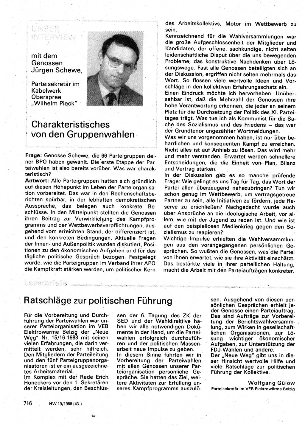 Neuer Weg (NW), Organ des Zentralkomitees (ZK) der SED (Sozialistische Einheitspartei Deutschlands) für Fragen des Parteilebens, 43. Jahrgang [Deutsche Demokratische Republik (DDR)] 1988, Seite 716 (NW ZK SED DDR 1988, S. 716)