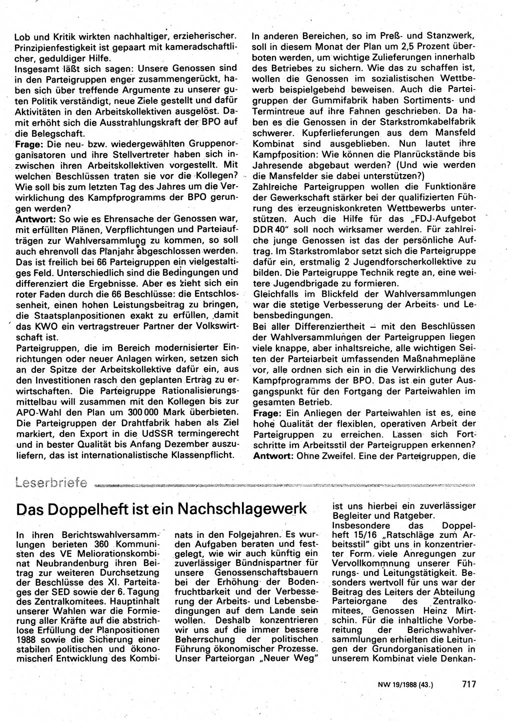 Neuer Weg (NW), Organ des Zentralkomitees (ZK) der SED (Sozialistische Einheitspartei Deutschlands) für Fragen des Parteilebens, 43. Jahrgang [Deutsche Demokratische Republik (DDR)] 1988, Seite 717 (NW ZK SED DDR 1988, S. 717)