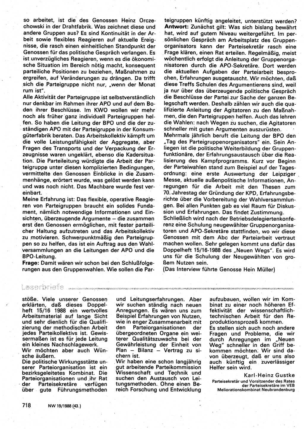 Neuer Weg (NW), Organ des Zentralkomitees (ZK) der SED (Sozialistische Einheitspartei Deutschlands) für Fragen des Parteilebens, 43. Jahrgang [Deutsche Demokratische Republik (DDR)] 1988, Seite 718 (NW ZK SED DDR 1988, S. 718)