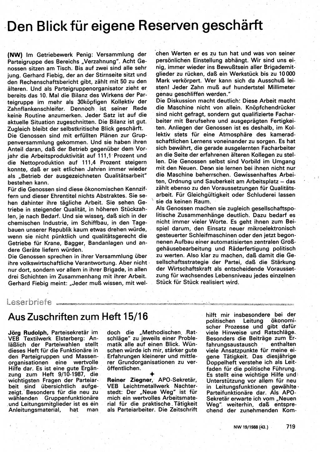 Neuer Weg (NW), Organ des Zentralkomitees (ZK) der SED (Sozialistische Einheitspartei Deutschlands) für Fragen des Parteilebens, 43. Jahrgang [Deutsche Demokratische Republik (DDR)] 1988, Seite 719 (NW ZK SED DDR 1988, S. 719)