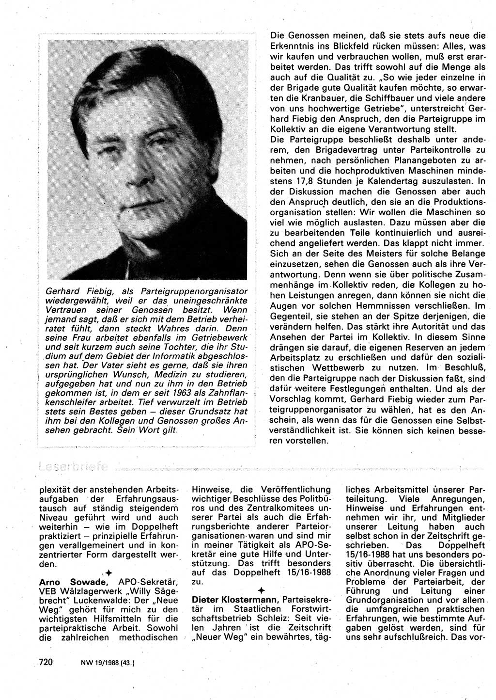 Neuer Weg (NW), Organ des Zentralkomitees (ZK) der SED (Sozialistische Einheitspartei Deutschlands) für Fragen des Parteilebens, 43. Jahrgang [Deutsche Demokratische Republik (DDR)] 1988, Seite 720 (NW ZK SED DDR 1988, S. 720)