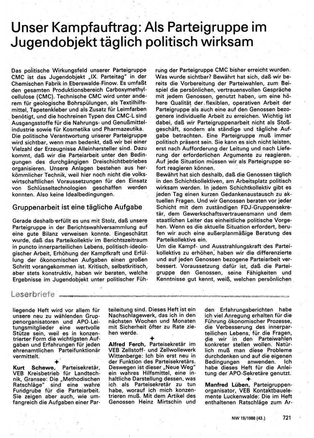 Neuer Weg (NW), Organ des Zentralkomitees (ZK) der SED (Sozialistische Einheitspartei Deutschlands) für Fragen des Parteilebens, 43. Jahrgang [Deutsche Demokratische Republik (DDR)] 1988, Seite 721 (NW ZK SED DDR 1988, S. 721)