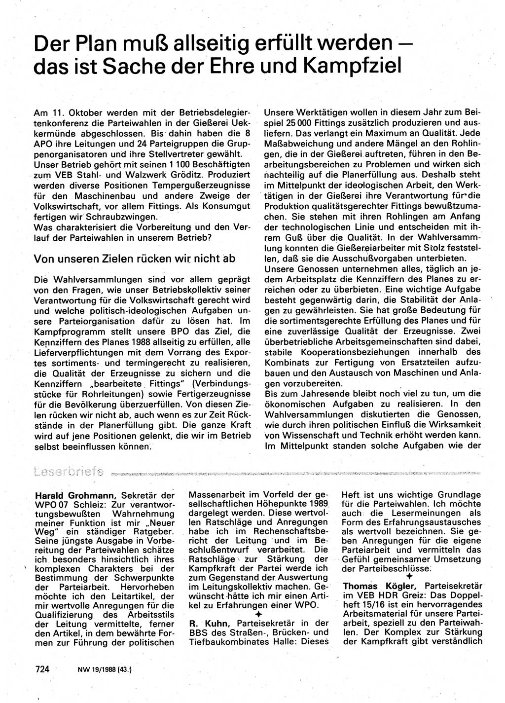 Neuer Weg (NW), Organ des Zentralkomitees (ZK) der SED (Sozialistische Einheitspartei Deutschlands) für Fragen des Parteilebens, 43. Jahrgang [Deutsche Demokratische Republik (DDR)] 1988, Seite 724 (NW ZK SED DDR 1988, S. 724)