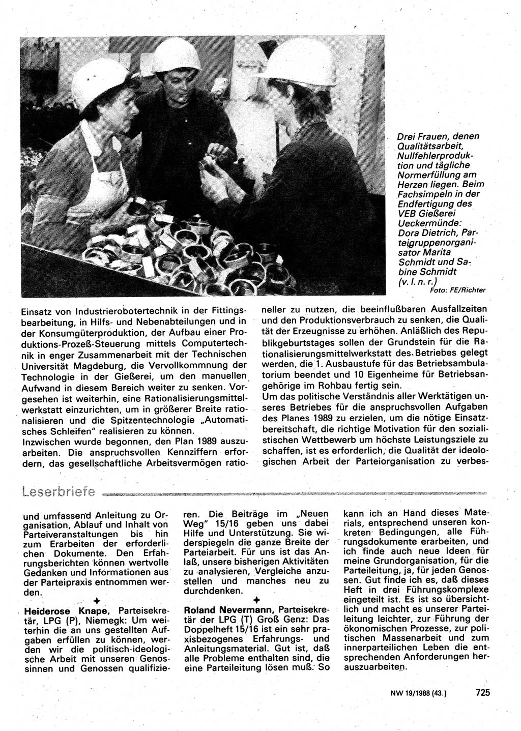Neuer Weg (NW), Organ des Zentralkomitees (ZK) der SED (Sozialistische Einheitspartei Deutschlands) für Fragen des Parteilebens, 43. Jahrgang [Deutsche Demokratische Republik (DDR)] 1988, Seite 725 (NW ZK SED DDR 1988, S. 725)