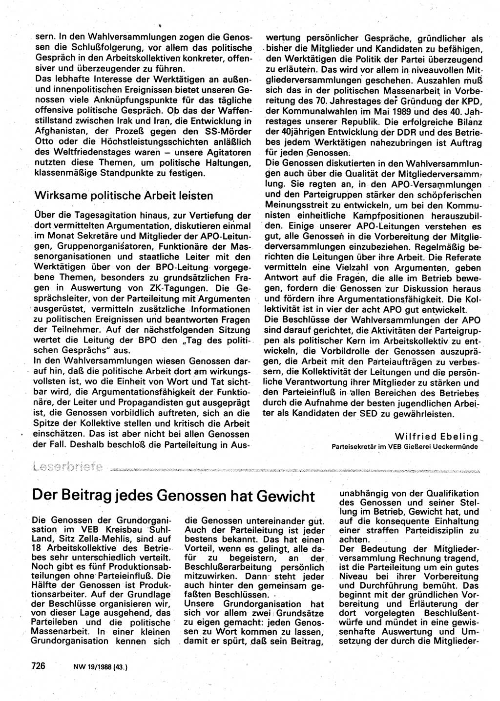 Neuer Weg (NW), Organ des Zentralkomitees (ZK) der SED (Sozialistische Einheitspartei Deutschlands) für Fragen des Parteilebens, 43. Jahrgang [Deutsche Demokratische Republik (DDR)] 1988, Seite 726 (NW ZK SED DDR 1988, S. 726)