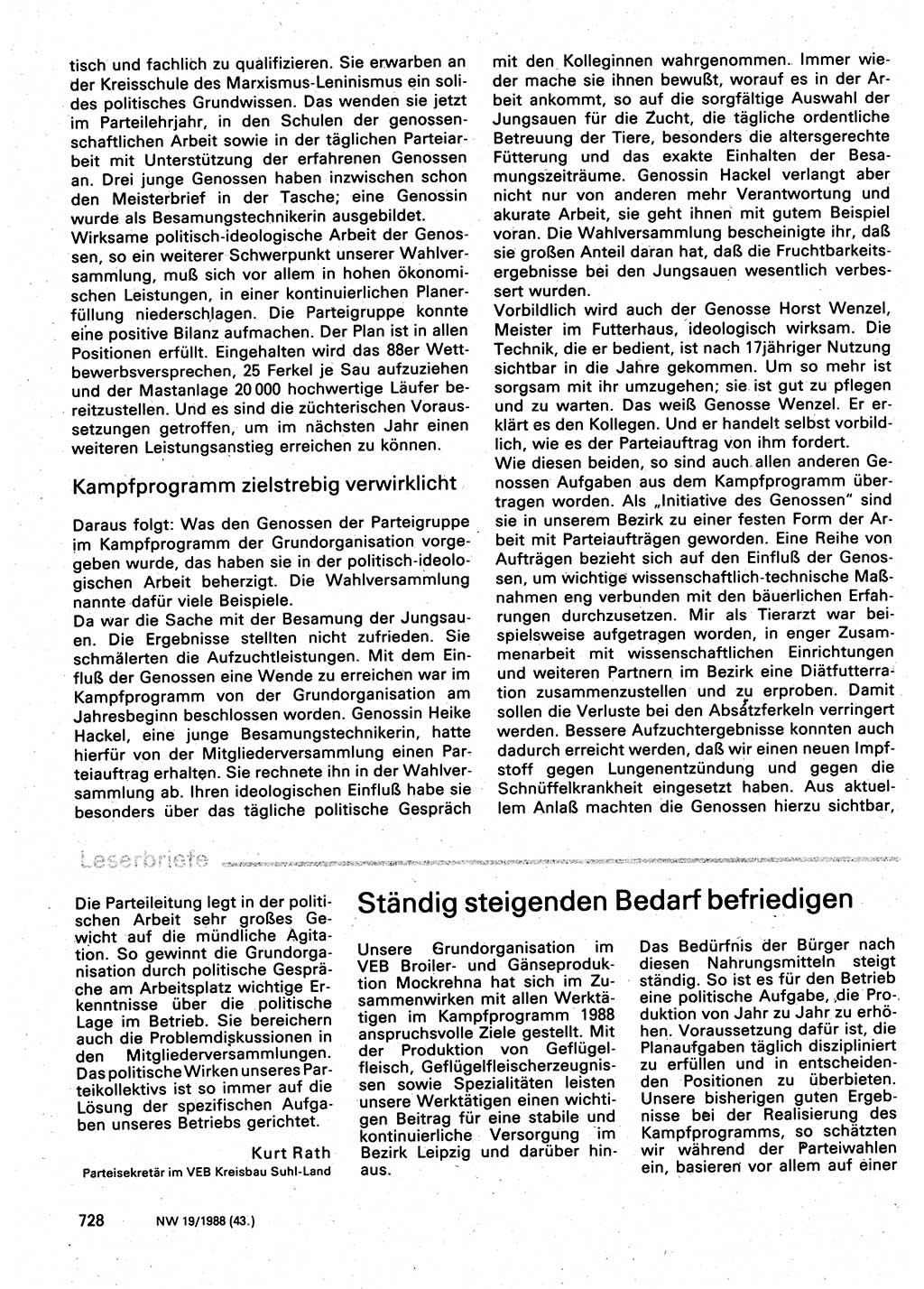 Neuer Weg (NW), Organ des Zentralkomitees (ZK) der SED (Sozialistische Einheitspartei Deutschlands) für Fragen des Parteilebens, 43. Jahrgang [Deutsche Demokratische Republik (DDR)] 1988, Seite 728 (NW ZK SED DDR 1988, S. 728)