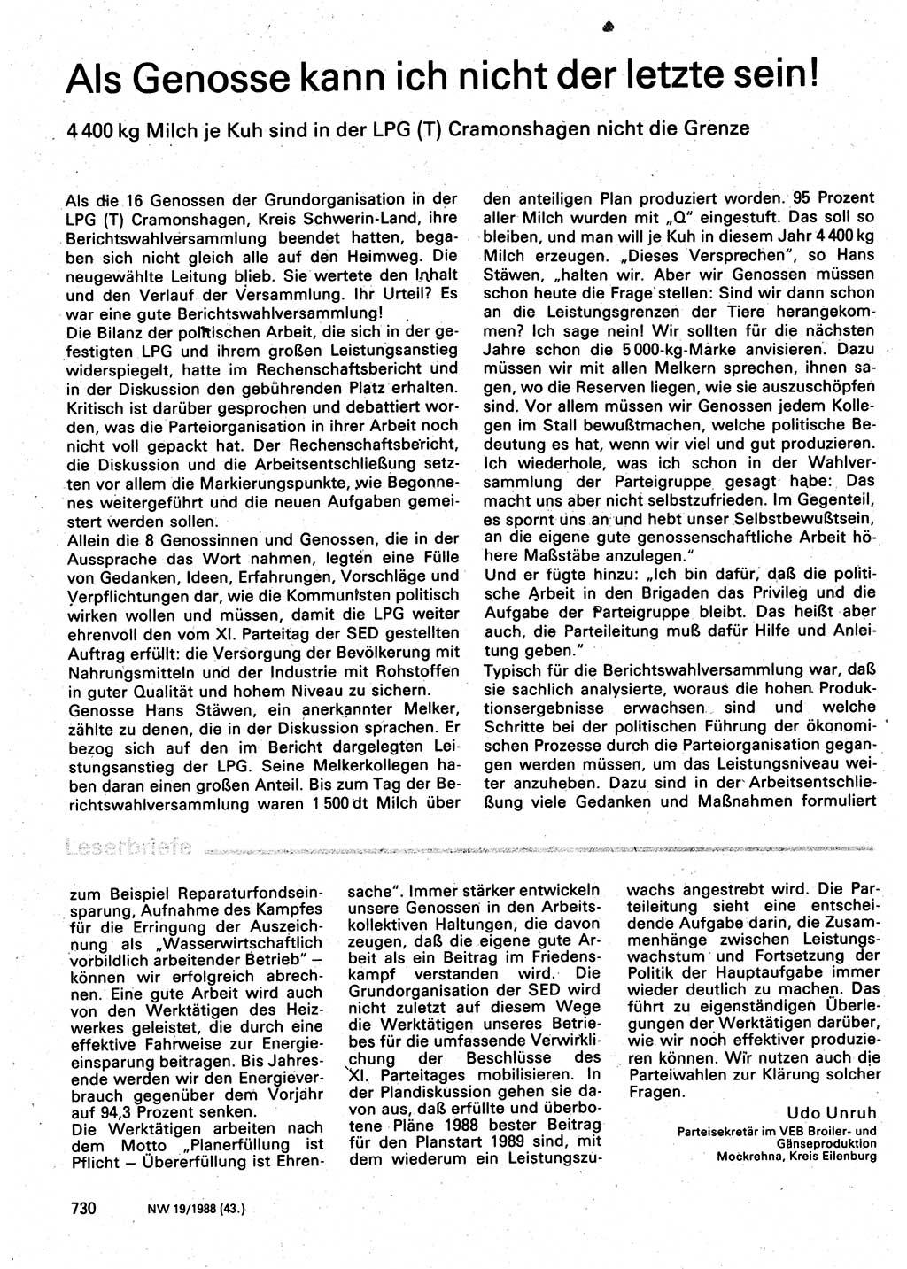 Neuer Weg (NW), Organ des Zentralkomitees (ZK) der SED (Sozialistische Einheitspartei Deutschlands) für Fragen des Parteilebens, 43. Jahrgang [Deutsche Demokratische Republik (DDR)] 1988, Seite 730 (NW ZK SED DDR 1988, S. 730)
