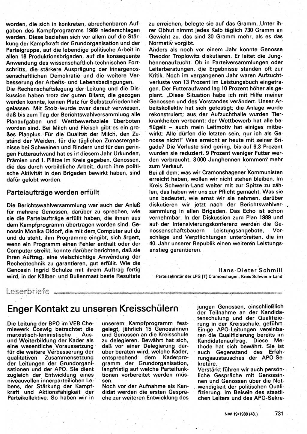 Neuer Weg (NW), Organ des Zentralkomitees (ZK) der SED (Sozialistische Einheitspartei Deutschlands) für Fragen des Parteilebens, 43. Jahrgang [Deutsche Demokratische Republik (DDR)] 1988, Seite 731 (NW ZK SED DDR 1988, S. 731)