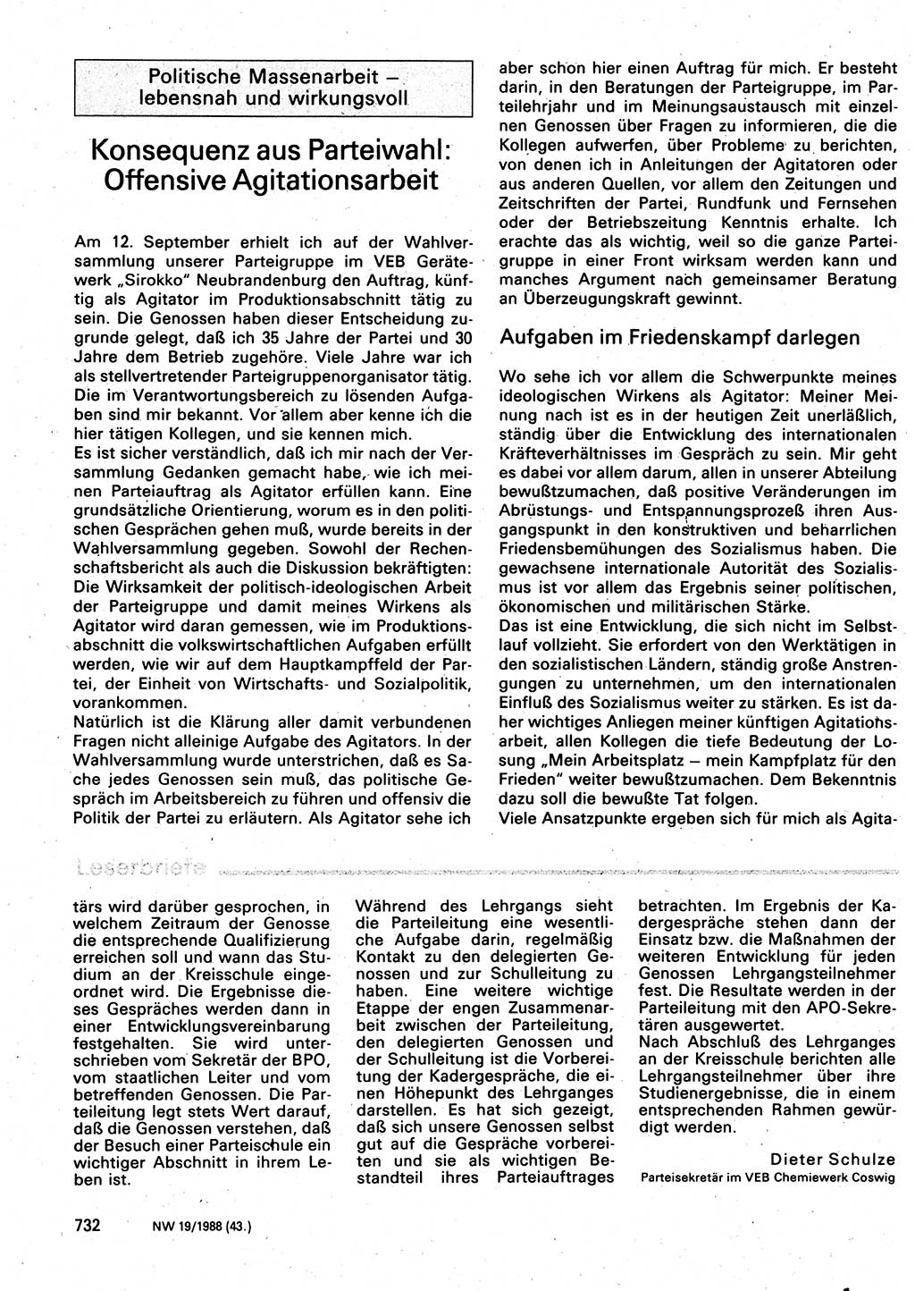 Neuer Weg (NW), Organ des Zentralkomitees (ZK) der SED (Sozialistische Einheitspartei Deutschlands) für Fragen des Parteilebens, 43. Jahrgang [Deutsche Demokratische Republik (DDR)] 1988, Seite 732 (NW ZK SED DDR 1988, S. 732)