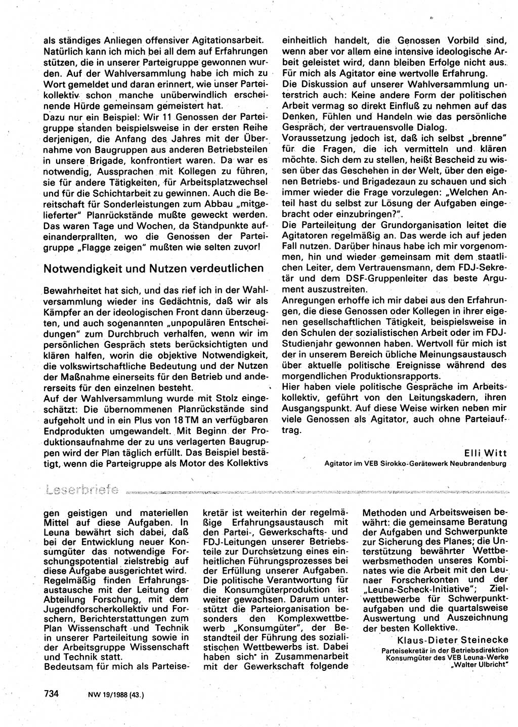 Neuer Weg (NW), Organ des Zentralkomitees (ZK) der SED (Sozialistische Einheitspartei Deutschlands) für Fragen des Parteilebens, 43. Jahrgang [Deutsche Demokratische Republik (DDR)] 1988, Seite 734 (NW ZK SED DDR 1988, S. 734)