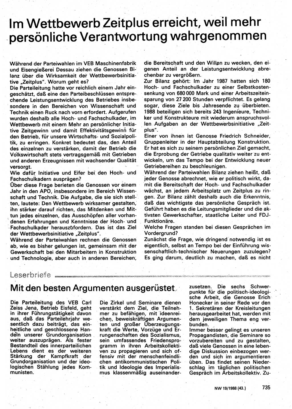 Neuer Weg (NW), Organ des Zentralkomitees (ZK) der SED (Sozialistische Einheitspartei Deutschlands) für Fragen des Parteilebens, 43. Jahrgang [Deutsche Demokratische Republik (DDR)] 1988, Seite 735 (NW ZK SED DDR 1988, S. 735)