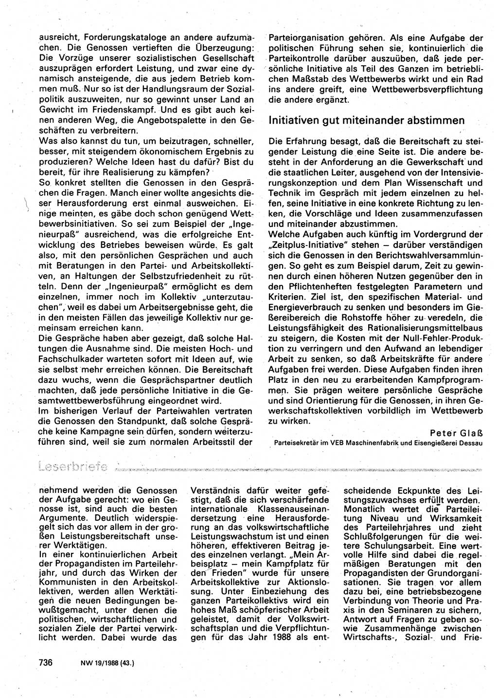 Neuer Weg (NW), Organ des Zentralkomitees (ZK) der SED (Sozialistische Einheitspartei Deutschlands) für Fragen des Parteilebens, 43. Jahrgang [Deutsche Demokratische Republik (DDR)] 1988, Seite 736 (NW ZK SED DDR 1988, S. 736)