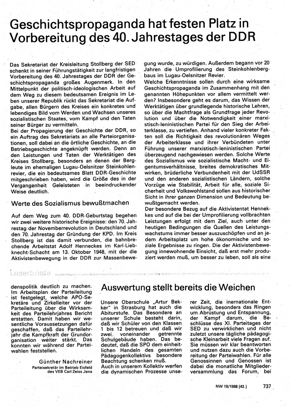 Neuer Weg (NW), Organ des Zentralkomitees (ZK) der SED (Sozialistische Einheitspartei Deutschlands) für Fragen des Parteilebens, 43. Jahrgang [Deutsche Demokratische Republik (DDR)] 1988, Seite 737 (NW ZK SED DDR 1988, S. 737)