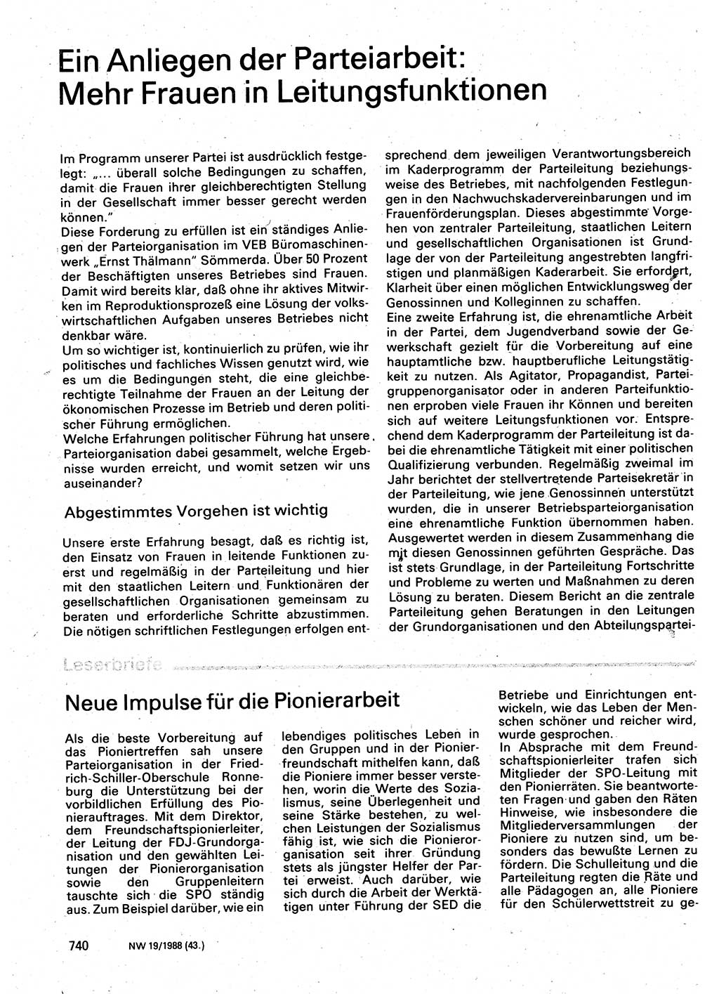 Neuer Weg (NW), Organ des Zentralkomitees (ZK) der SED (Sozialistische Einheitspartei Deutschlands) für Fragen des Parteilebens, 43. Jahrgang [Deutsche Demokratische Republik (DDR)] 1988, Seite 740 (NW ZK SED DDR 1988, S. 740)