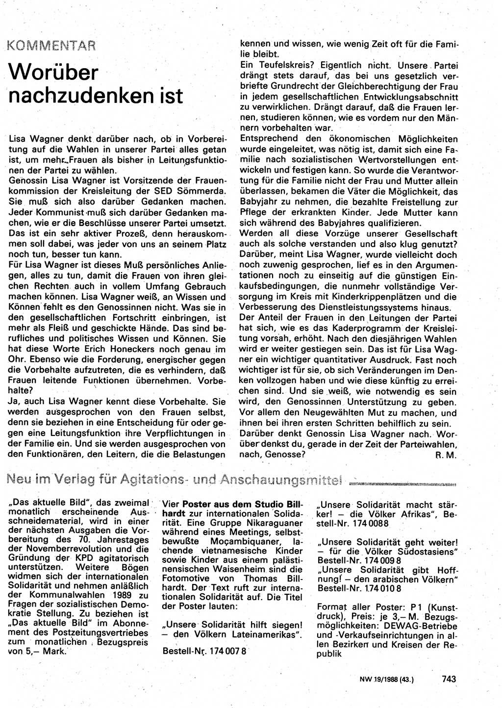 Neuer Weg (NW), Organ des Zentralkomitees (ZK) der SED (Sozialistische Einheitspartei Deutschlands) für Fragen des Parteilebens, 43. Jahrgang [Deutsche Demokratische Republik (DDR)] 1988, Seite 743 (NW ZK SED DDR 1988, S. 743)