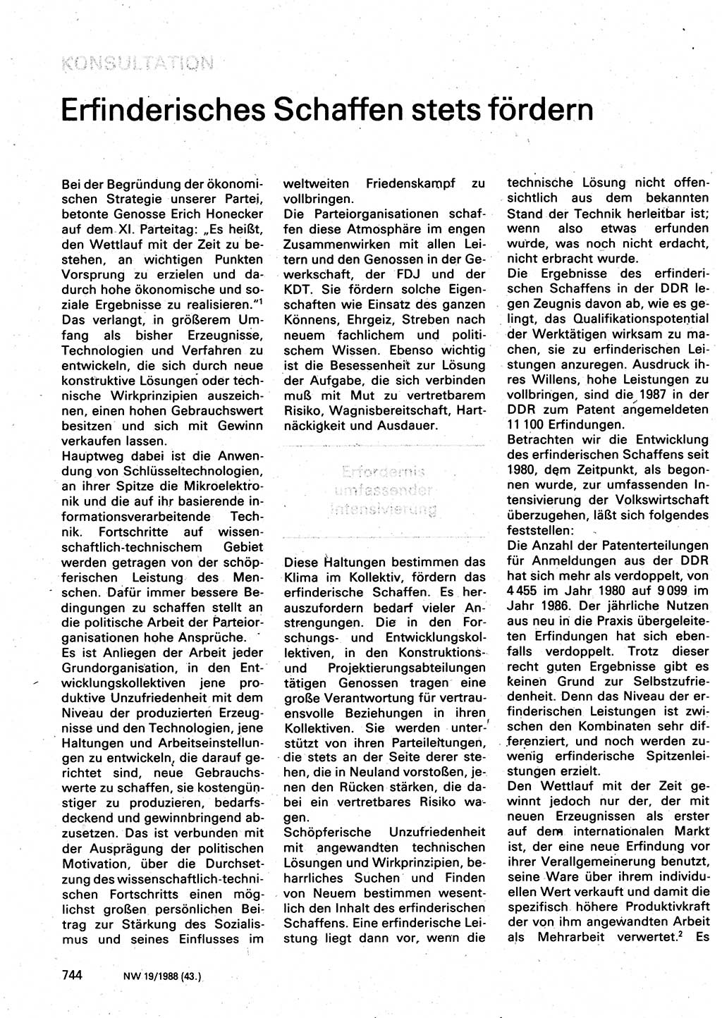 Neuer Weg (NW), Organ des Zentralkomitees (ZK) der SED (Sozialistische Einheitspartei Deutschlands) für Fragen des Parteilebens, 43. Jahrgang [Deutsche Demokratische Republik (DDR)] 1988, Seite 744 (NW ZK SED DDR 1988, S. 744)