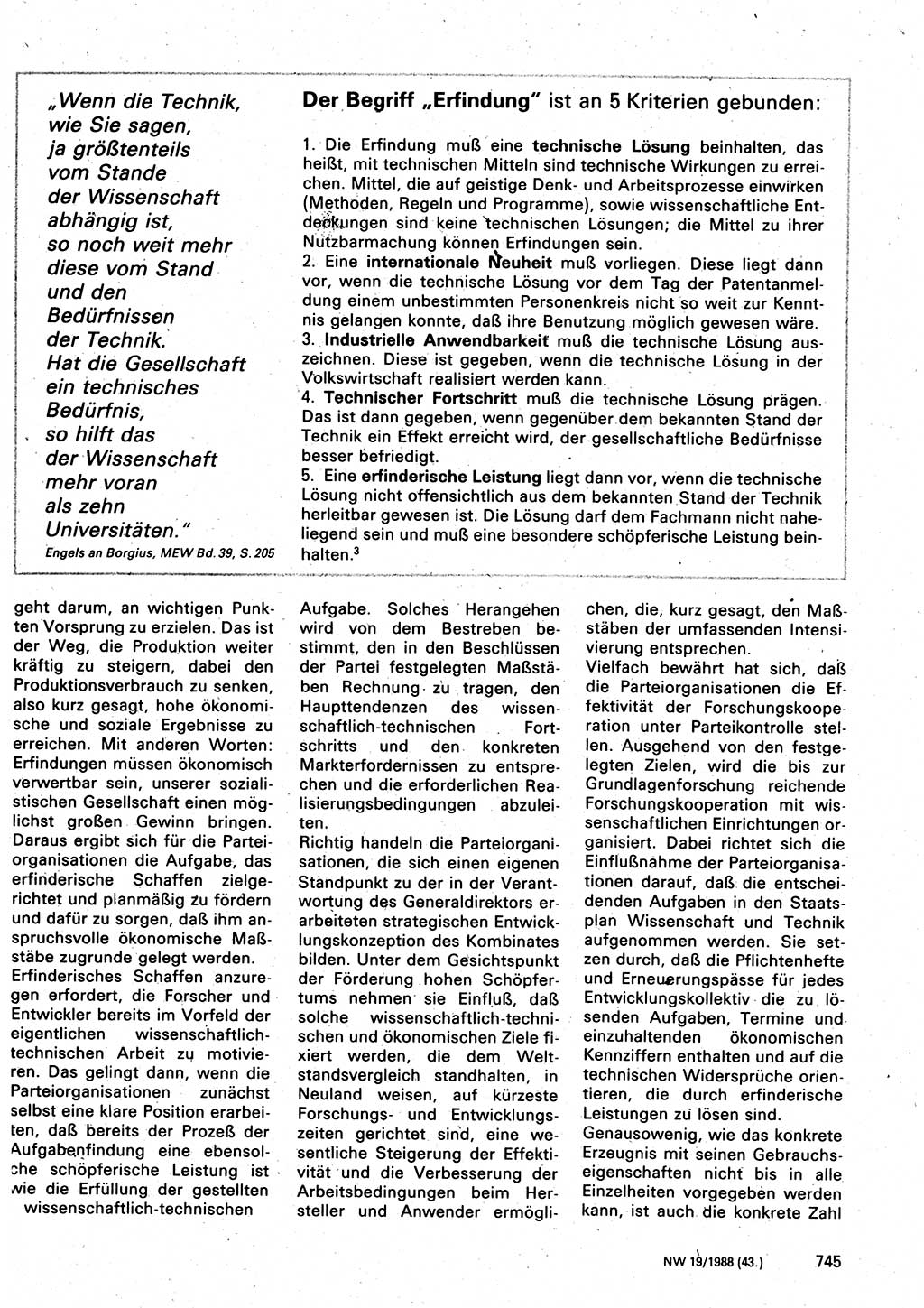 Neuer Weg (NW), Organ des Zentralkomitees (ZK) der SED (Sozialistische Einheitspartei Deutschlands) für Fragen des Parteilebens, 43. Jahrgang [Deutsche Demokratische Republik (DDR)] 1988, Seite 745 (NW ZK SED DDR 1988, S. 745)