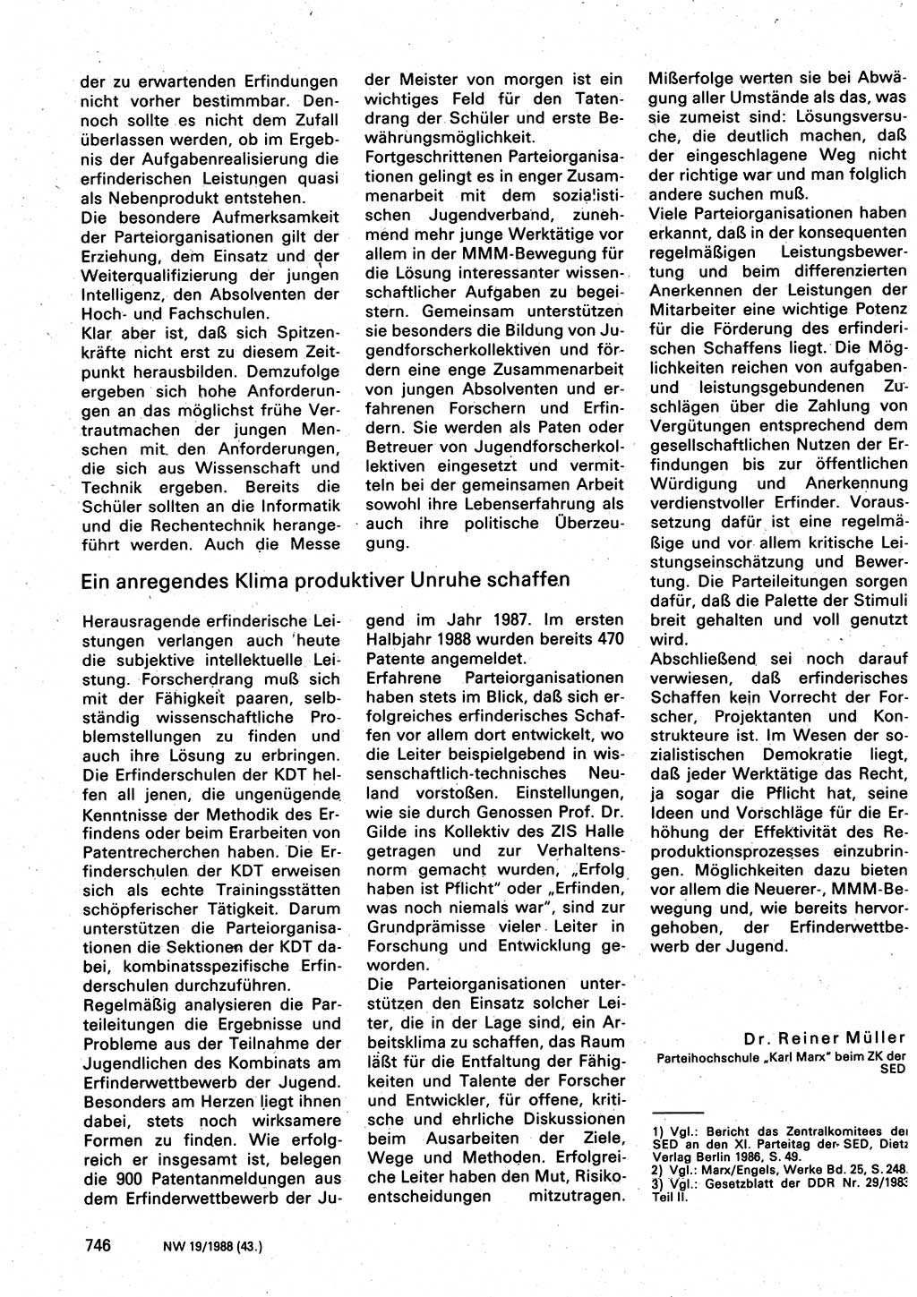 Neuer Weg (NW), Organ des Zentralkomitees (ZK) der SED (Sozialistische Einheitspartei Deutschlands) für Fragen des Parteilebens, 43. Jahrgang [Deutsche Demokratische Republik (DDR)] 1988, Seite 746 (NW ZK SED DDR 1988, S. 746)