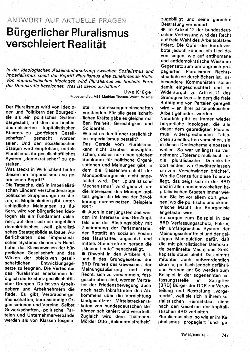 Neuer Weg (NW), Organ des Zentralkomitees (ZK) der SED (Sozialistische Einheitspartei Deutschlands) für Fragen des Parteilebens, 43. Jahrgang [Deutsche Demokratische Republik (DDR)] 1988, Seite 747 (NW ZK SED DDR 1988, S. 747)