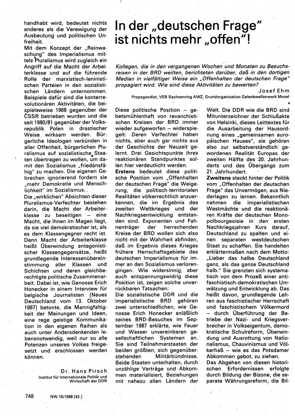 Neuer Weg (NW), Organ des Zentralkomitees (ZK) der SED (Sozialistische Einheitspartei Deutschlands) für Fragen des Parteilebens, 43. Jahrgang [Deutsche Demokratische Republik (DDR)] 1988, Seite 748 (NW ZK SED DDR 1988, S. 748)