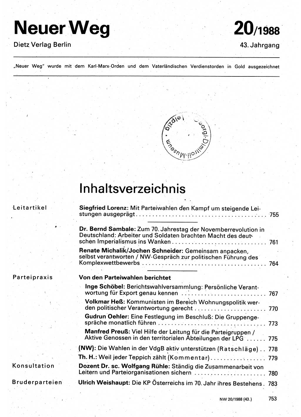 Neuer Weg (NW), Organ des Zentralkomitees (ZK) der SED (Sozialistische Einheitspartei Deutschlands) für Fragen des Parteilebens, 43. Jahrgang [Deutsche Demokratische Republik (DDR)] 1988, Seite 753 (NW ZK SED DDR 1988, S. 753)