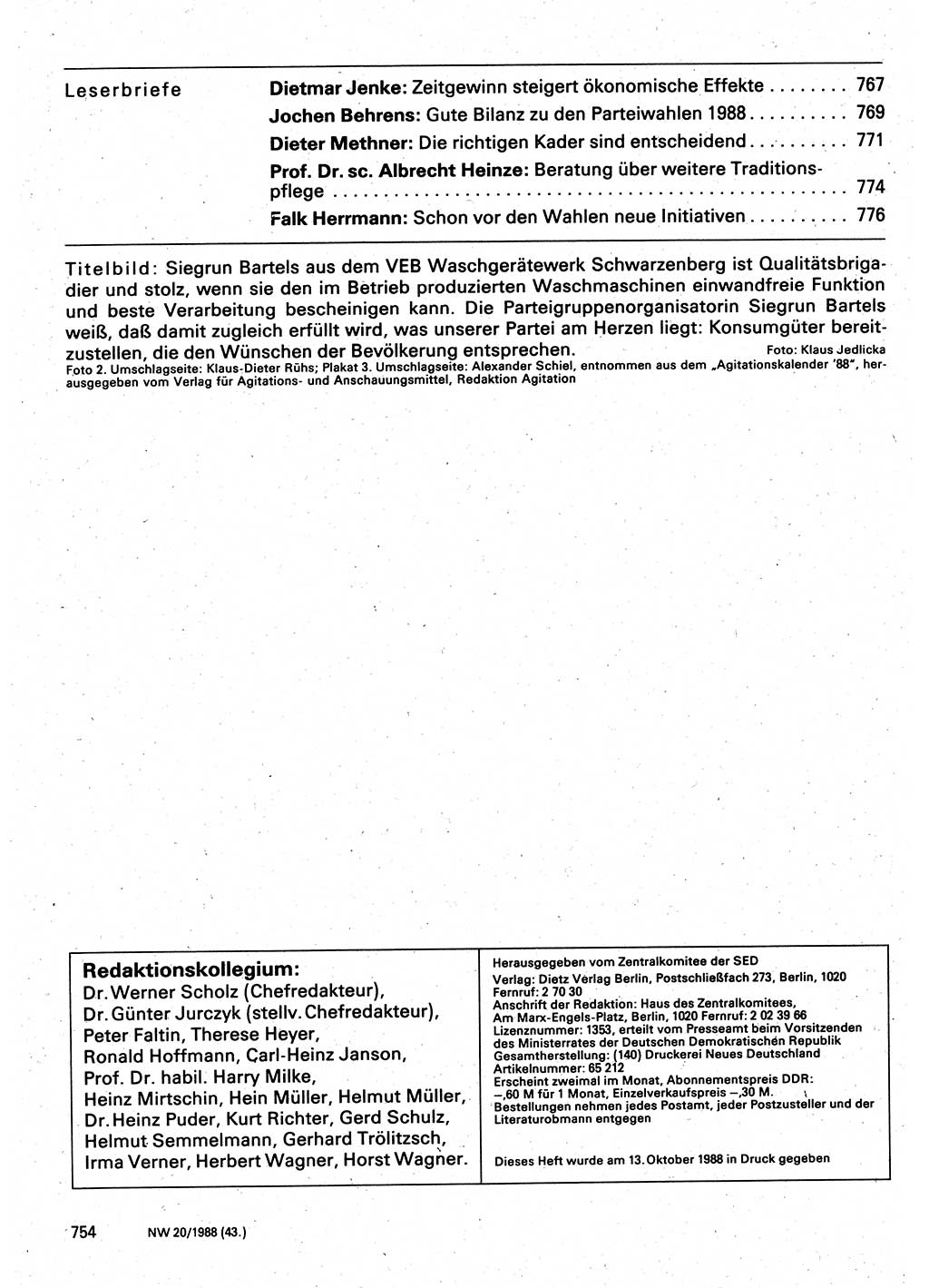 Neuer Weg (NW), Organ des Zentralkomitees (ZK) der SED (Sozialistische Einheitspartei Deutschlands) für Fragen des Parteilebens, 43. Jahrgang [Deutsche Demokratische Republik (DDR)] 1988, Seite 754 (NW ZK SED DDR 1988, S. 754)