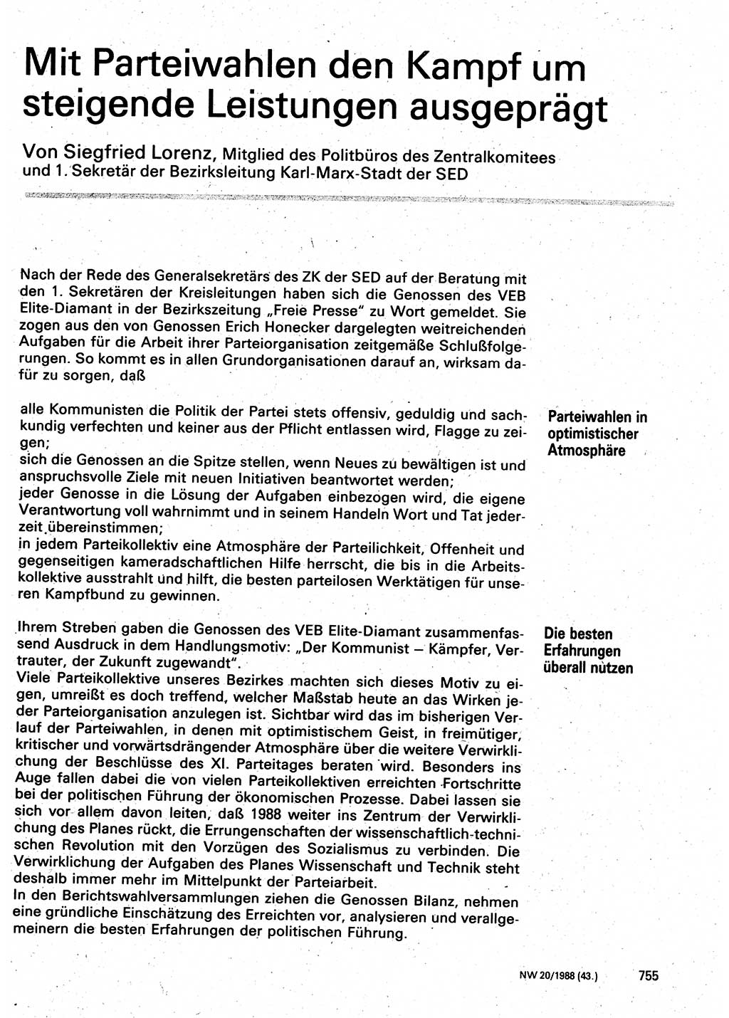 Neuer Weg (NW), Organ des Zentralkomitees (ZK) der SED (Sozialistische Einheitspartei Deutschlands) für Fragen des Parteilebens, 43. Jahrgang [Deutsche Demokratische Republik (DDR)] 1988, Seite 755 (NW ZK SED DDR 1988, S. 755)