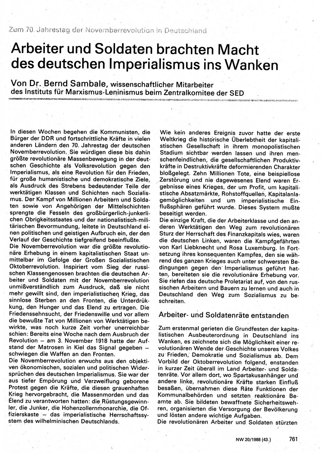 Neuer Weg (NW), Organ des Zentralkomitees (ZK) der SED (Sozialistische Einheitspartei Deutschlands) für Fragen des Parteilebens, 43. Jahrgang [Deutsche Demokratische Republik (DDR)] 1988, Seite 761 (NW ZK SED DDR 1988, S. 761)