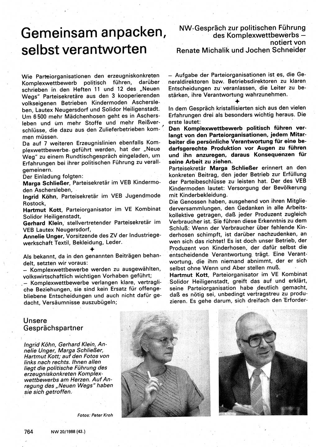 Neuer Weg (NW), Organ des Zentralkomitees (ZK) der SED (Sozialistische Einheitspartei Deutschlands) für Fragen des Parteilebens, 43. Jahrgang [Deutsche Demokratische Republik (DDR)] 1988, Seite 764 (NW ZK SED DDR 1988, S. 764)