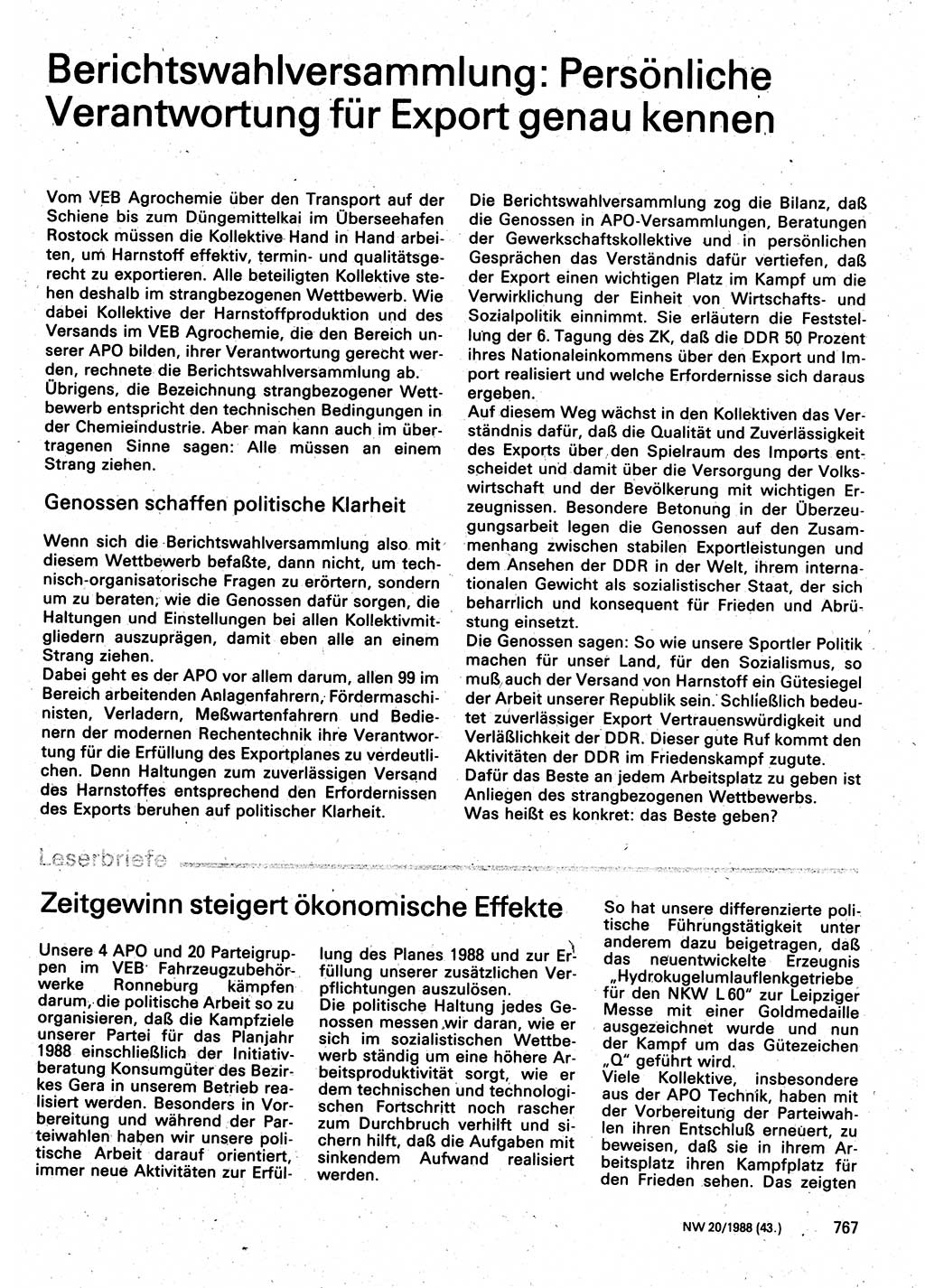 Neuer Weg (NW), Organ des Zentralkomitees (ZK) der SED (Sozialistische Einheitspartei Deutschlands) für Fragen des Parteilebens, 43. Jahrgang [Deutsche Demokratische Republik (DDR)] 1988, Seite 767 (NW ZK SED DDR 1988, S. 767)