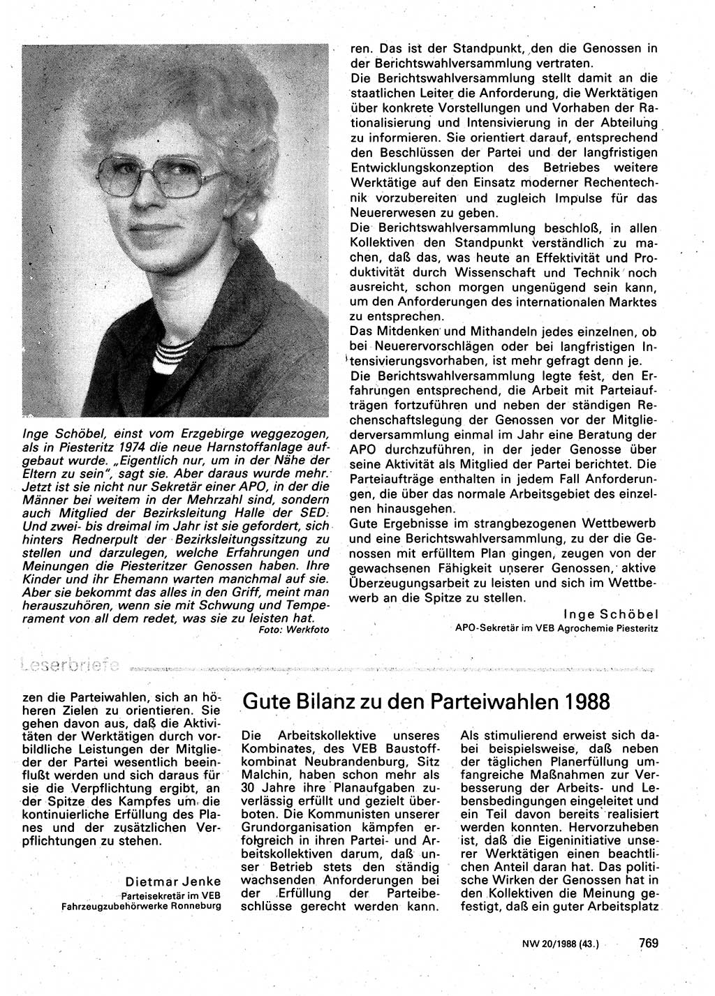Neuer Weg (NW), Organ des Zentralkomitees (ZK) der SED (Sozialistische Einheitspartei Deutschlands) für Fragen des Parteilebens, 43. Jahrgang [Deutsche Demokratische Republik (DDR)] 1988, Seite 769 (NW ZK SED DDR 1988, S. 769)