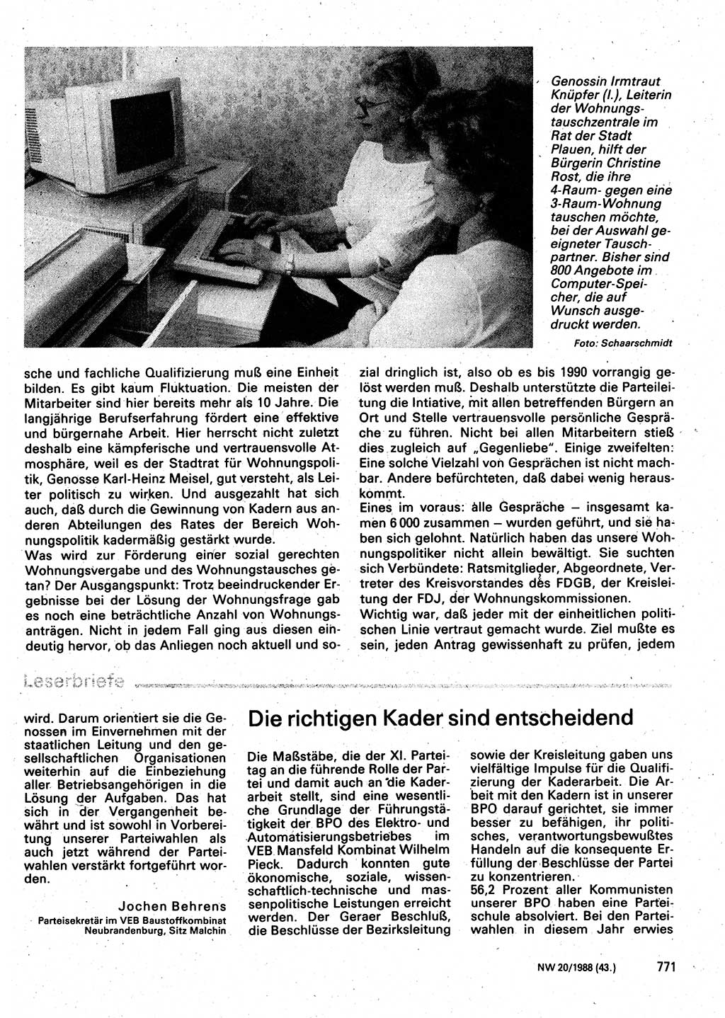 Neuer Weg (NW), Organ des Zentralkomitees (ZK) der SED (Sozialistische Einheitspartei Deutschlands) für Fragen des Parteilebens, 43. Jahrgang [Deutsche Demokratische Republik (DDR)] 1988, Seite 771 (NW ZK SED DDR 1988, S. 771)